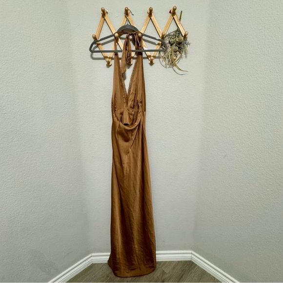 Petal & Pup Brown Kalina Lace Trim Halter Satin Maxi Dress Size S 4-6 - Picture 6 of 10
